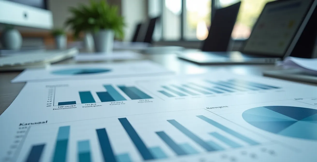 Nahaufnahme von Datenvisualisierung und Analysewerkzeugen auf einem Schreibtisch