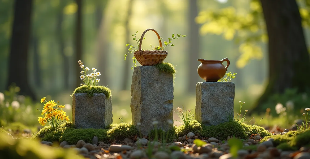 Die drei Säulen der Nachhaltigkeit im Tourismus visualisiert durch drei Steinsäulen in einer deutschen Waldlandschaft.