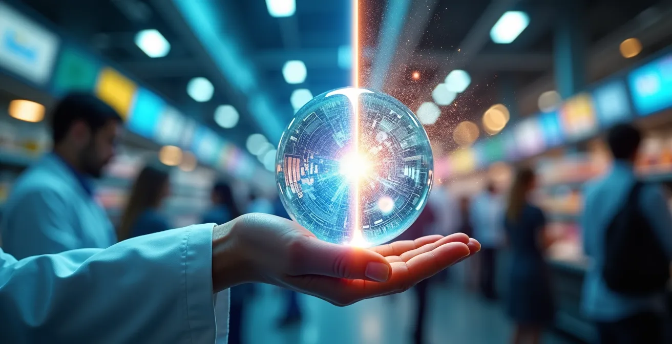 Visueller Vergleich zwischen einer Erfindung als isolierter Idee und einer Innovation als weitreichendem Marktprodukt.