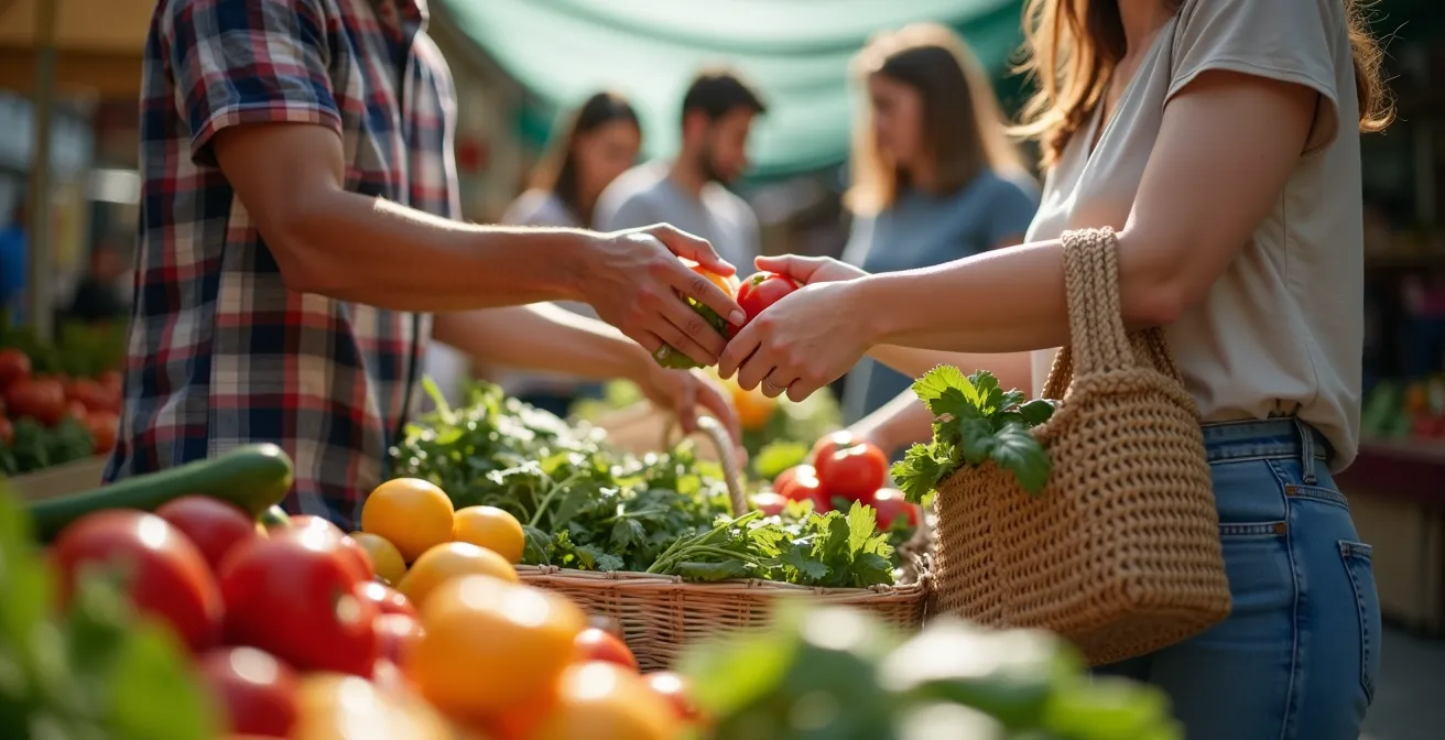 Menschen kaufen regionale Produkte auf einem deutschen Wochenmarkt mit unverpackten Waren