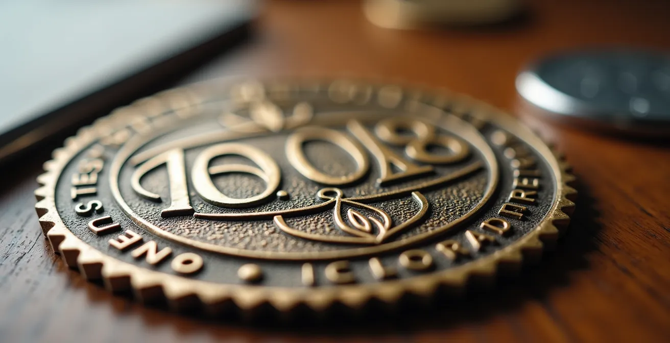 Nahaufnahme von Qualitätszertifikat und Siegel auf deutschem Schreibtisch