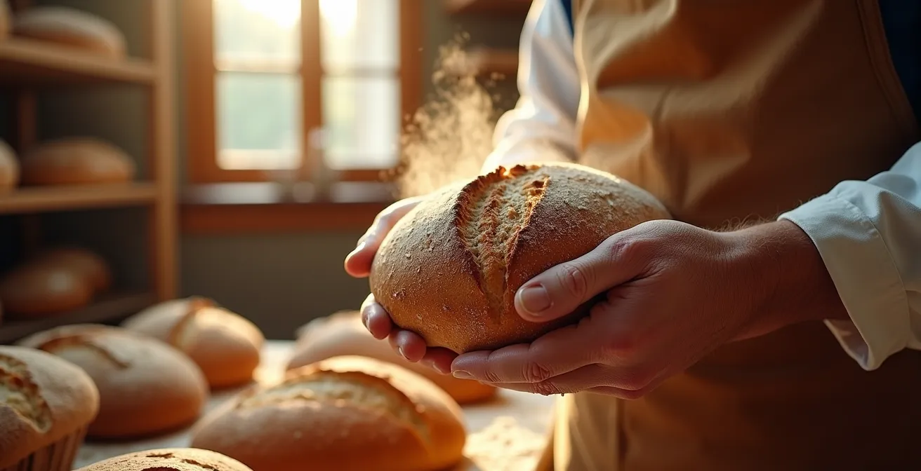 Die Hände eines traditionellen deutschen Bäckers halten ein frisch gebackenes, dampfendes Vollkornbrot in einer atmosphärischen Bäckerei.