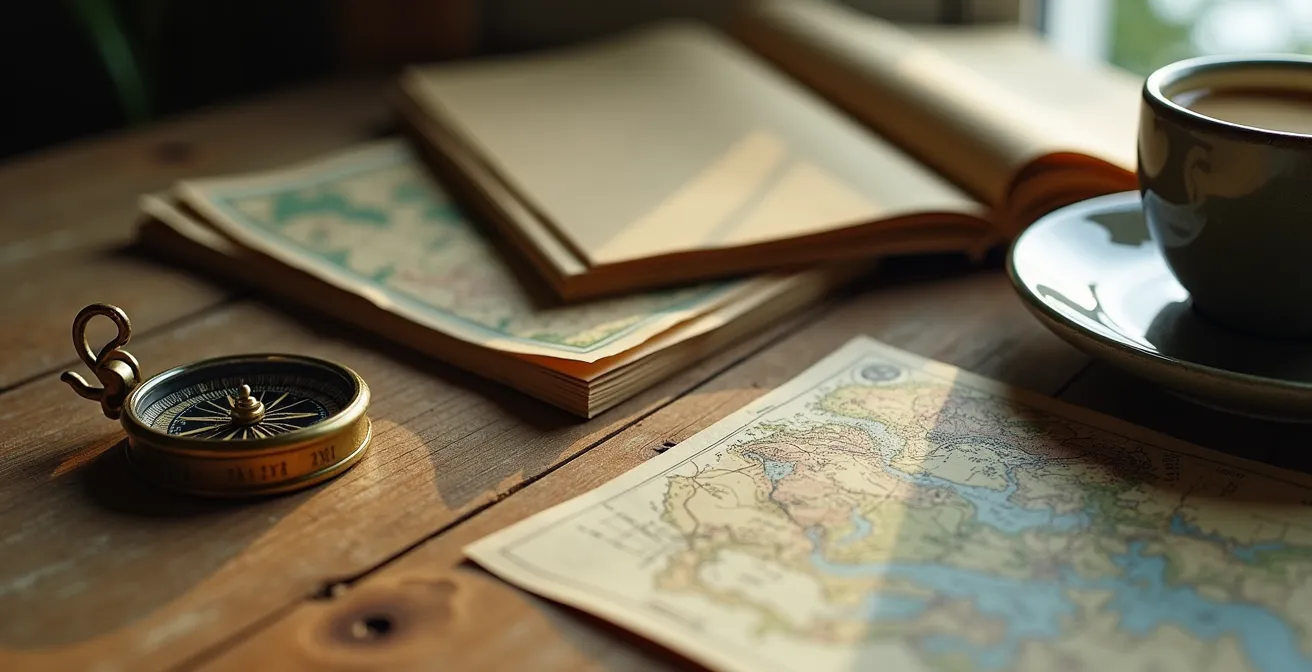 Smartphone mit nachhaltigen Reiseplanungs-Apps umgeben von Reiseutensilien