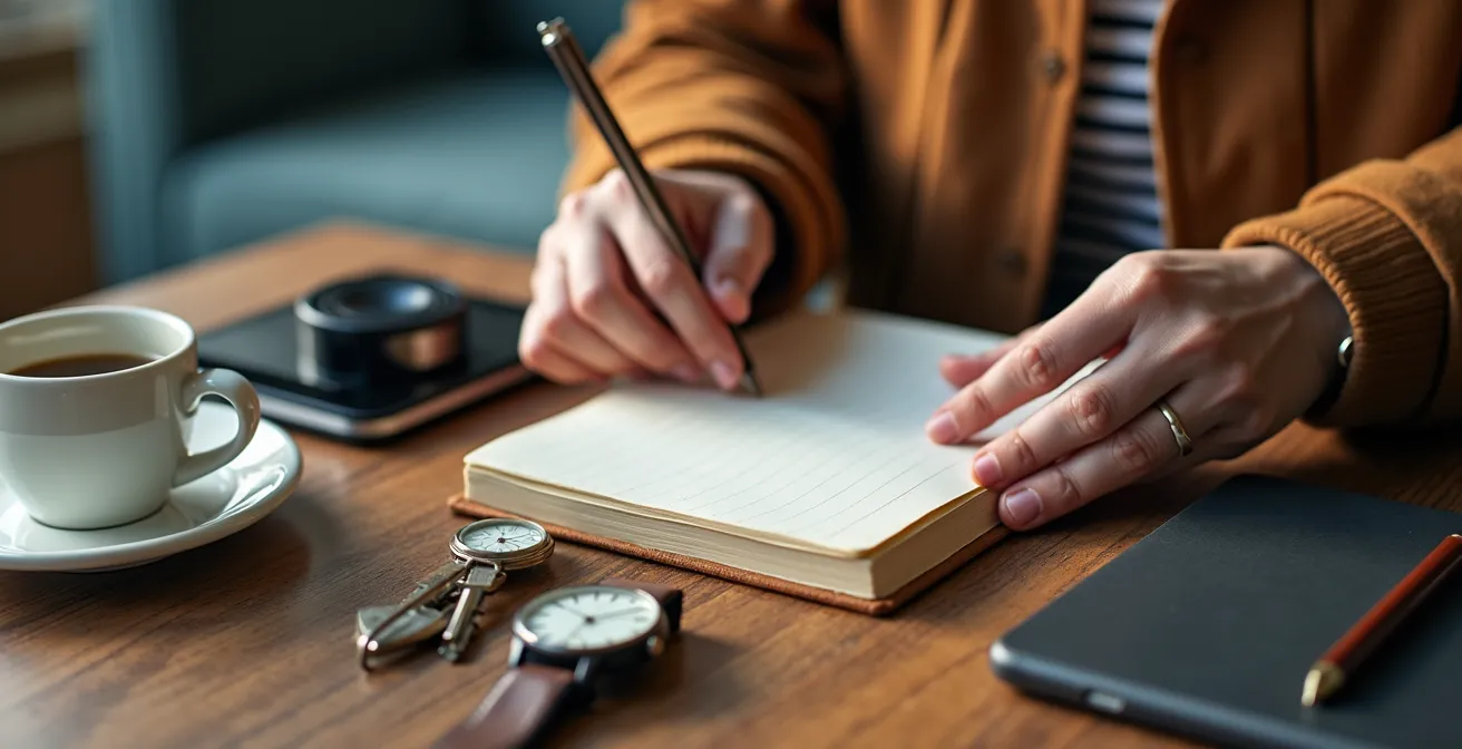 Person in ruhiger Umgebung mit ausgeschalteten digitalen Geräten praktiziert Digital Detox