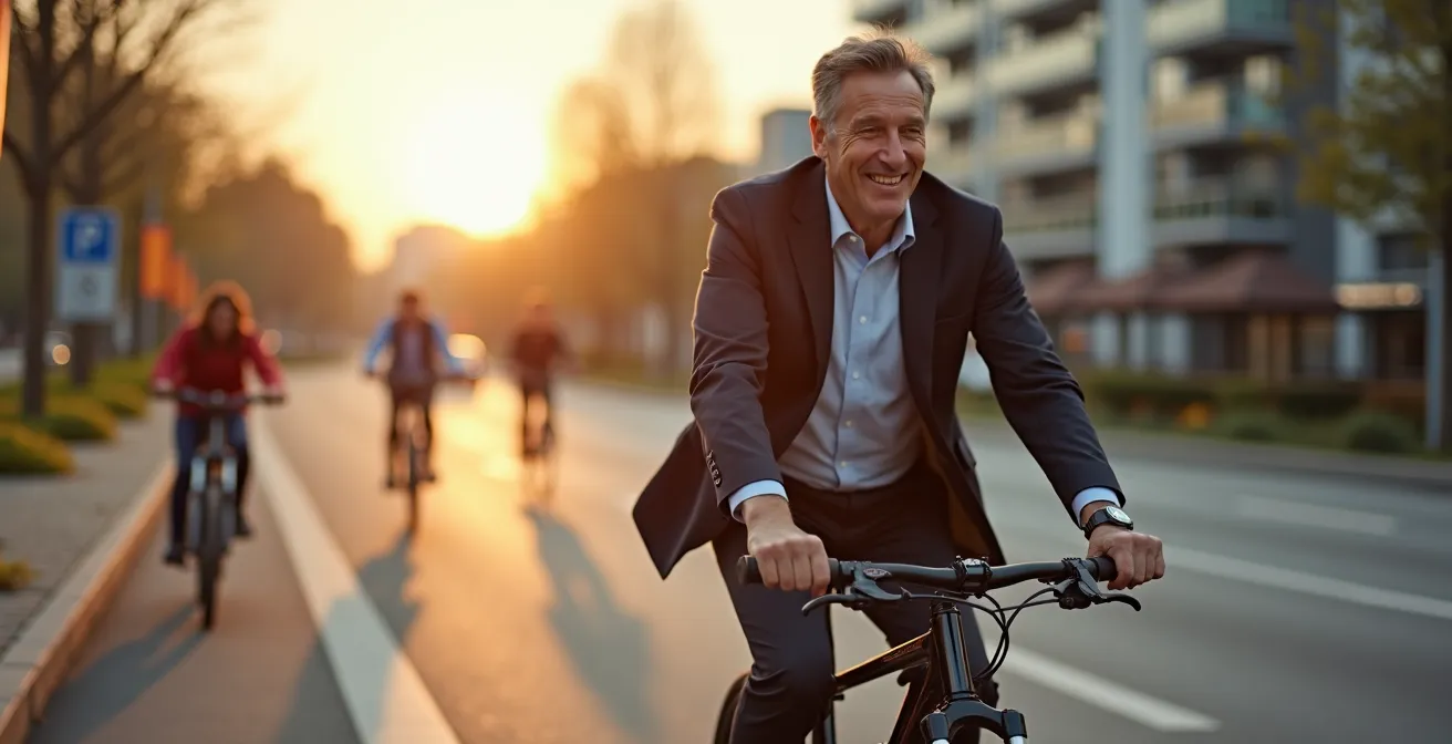 E-Bike-Pendler auf einem Radschnellweg in einer deutschen Stadt im Morgenlicht