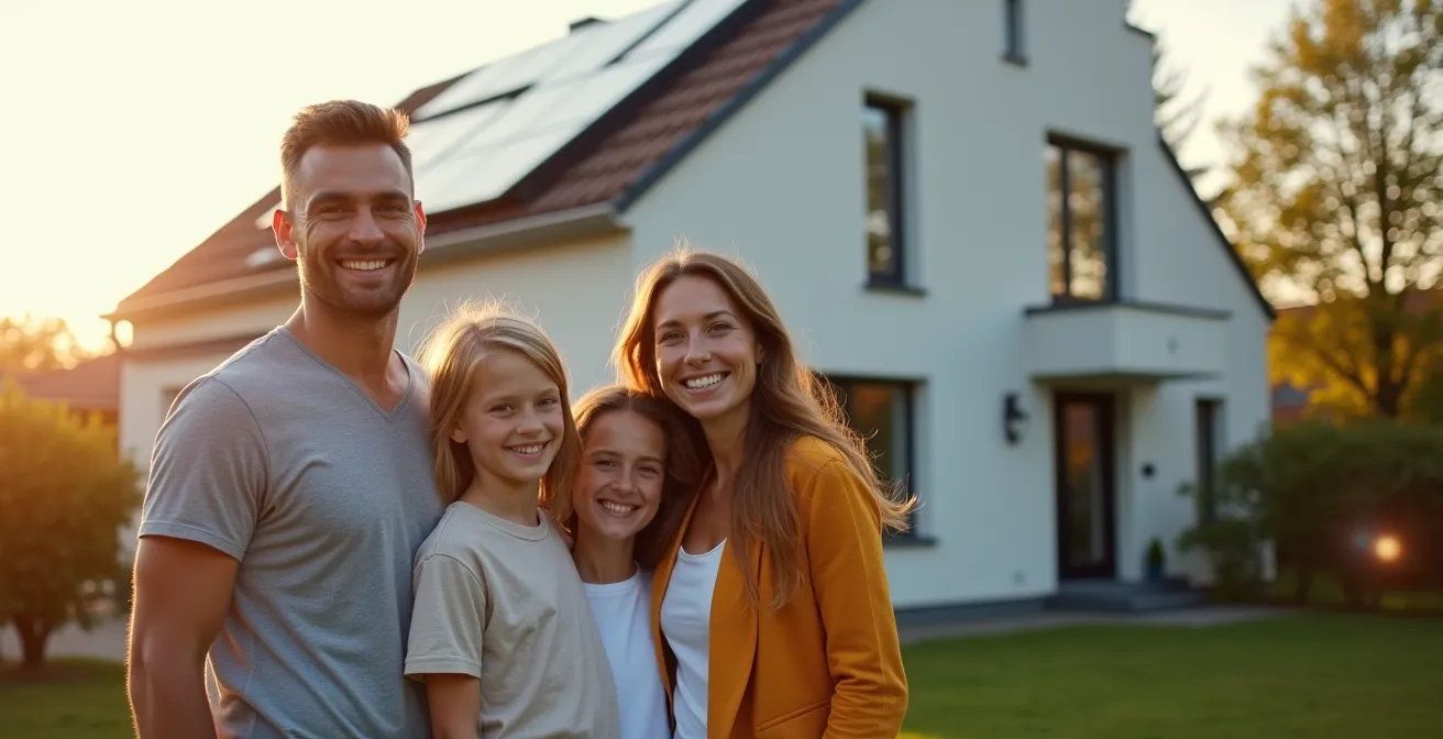 Eine moderne deutsche Familie steht lächelnd vor ihrem Effizienzhaus 40, das Nachhaltigkeit und Wohnkomfort symbolisiert.