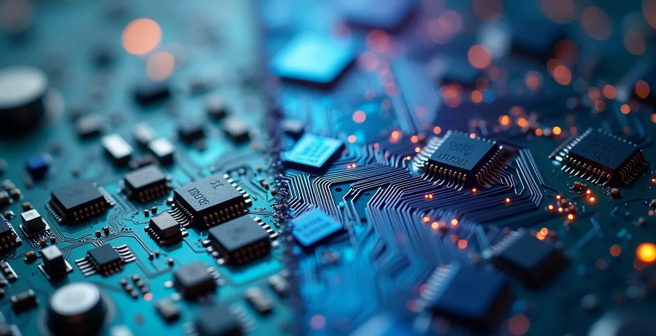 Visualisierung des Unterschieds zwischen Erfindung und Innovation, bei der eine technische Leiterplatte in organische Wachstumsmuster übergeht.