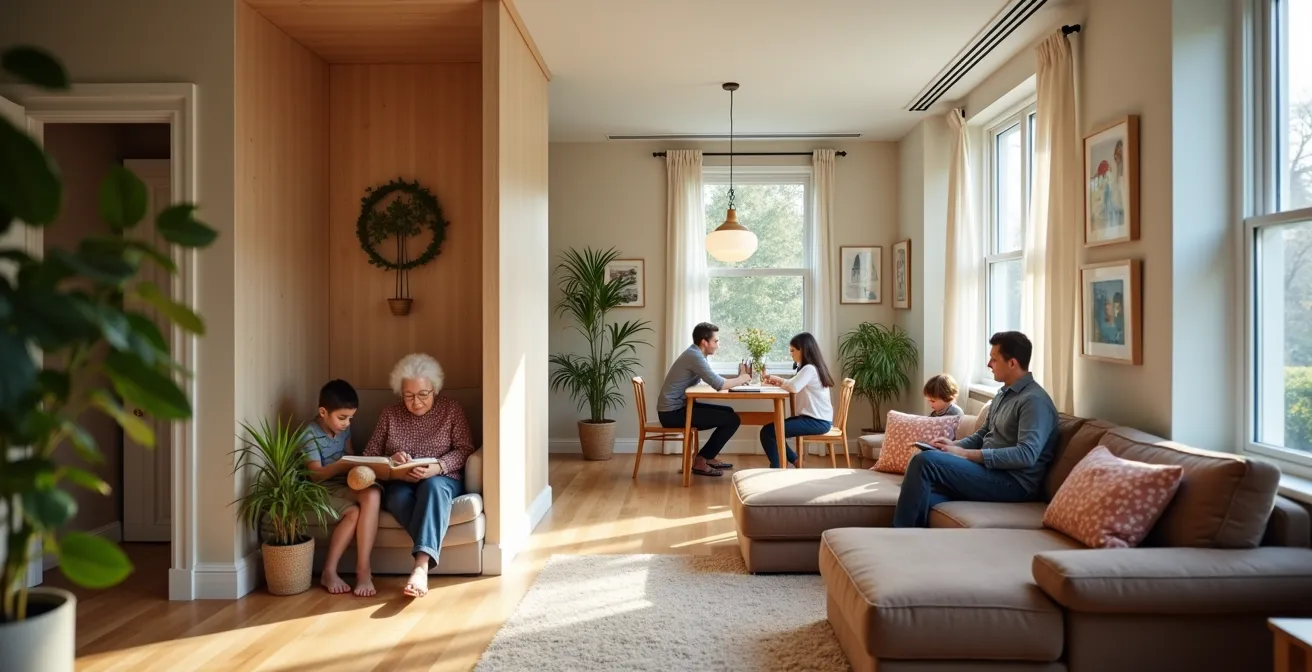 Offener Wohnbereich mit flexiblen Raumteilern und anpassbarer Nutzung