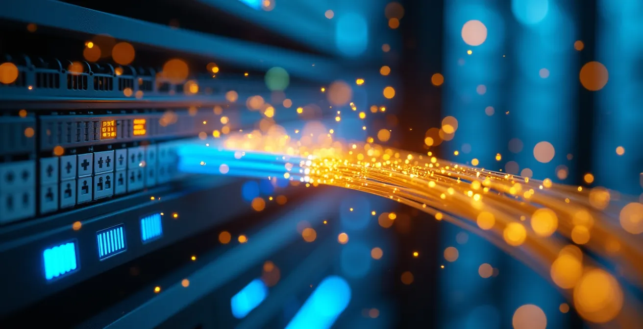 Abstrakte Darstellung der europäischen Cloud-Infrastruktur Gaia-X mit leuchtenden Datenströmen