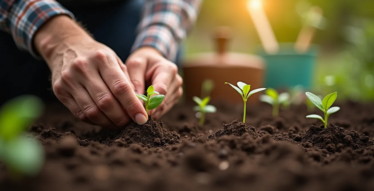 Hände, die sorgfältig einen jungen Keimling in fruchtbare Erde pflanzen, als Metapher für die Investition in die eigene Gesundheit.