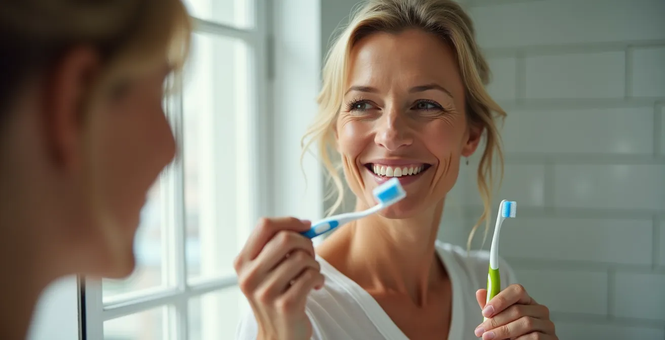 Nahaufnahme einer Person, die sich zufrieden im Badezimmerspiegel anlächelt, als Symbol für den erfolgreichen Aufbau einer kleinen, täglichen Gewohnheit.