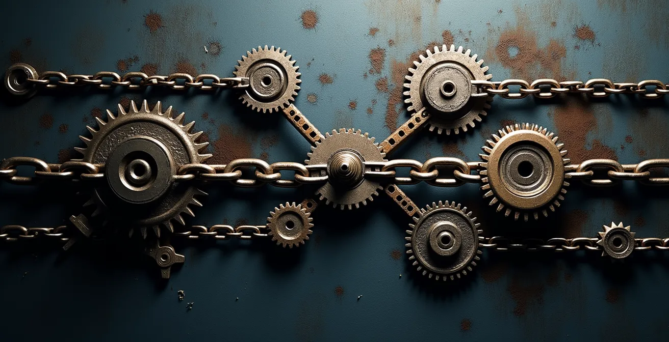 Visualisierung der neuen globalen Vernetzung deutscher Unternehmen mit ineinandergreifenden, teils angespannten Zahnrädern und Ketten.