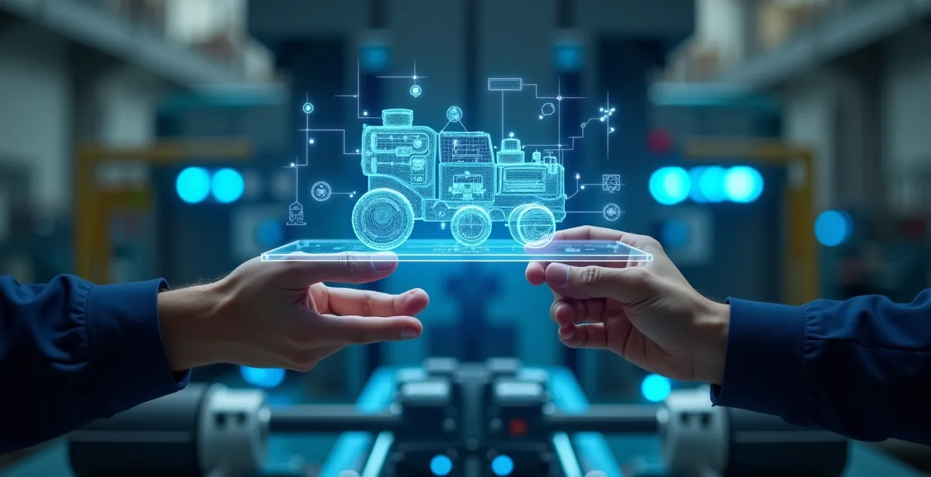 Ingenieur arbeitet mit holografischem digitalen Zwilling einer Industriemaschine