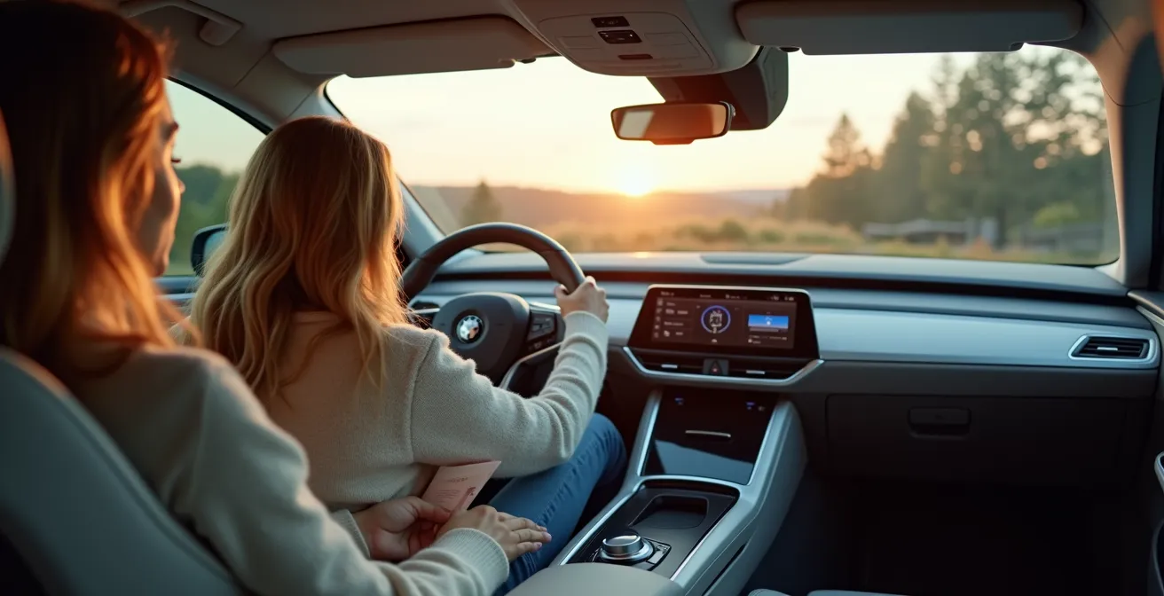 Ein Fahrer entspannt sich im geräumigen und minimalistischen Innenraum eines modernen Elektroautos während eines Ladevorgangs, was den Komfort und das Raumgefühl unterstreicht.
