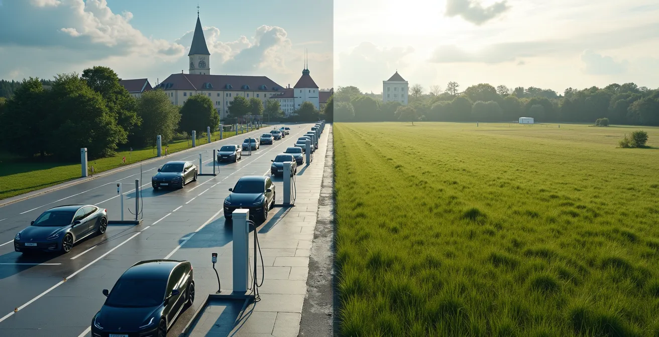 Kontrast zwischen einer dichten Ansammlung moderner Ladestationen in einer deutschen Großstadt und einem einzelnen Ladepunkt in einer weiten ländlichen Landschaft.