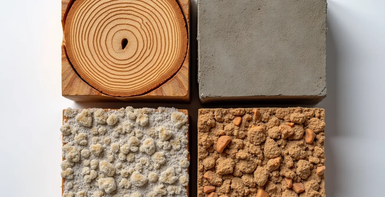 Detailaufnahme von nachhaltigen Baumaterialien im Vergleich - Holz, Lehm und recycelte Baustoffe