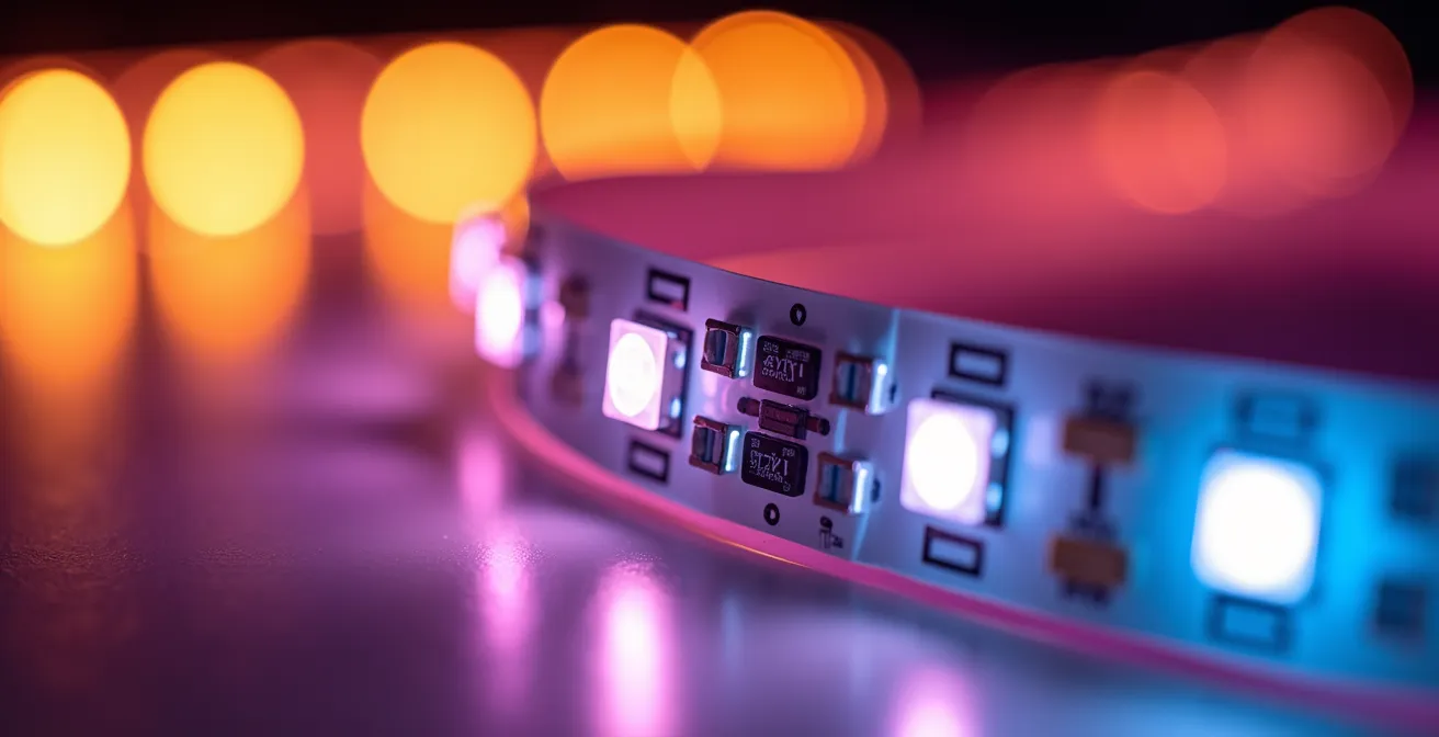 Wohnzimmer mit verschiedenen Beleuchtungszonen bei Abendstimmung