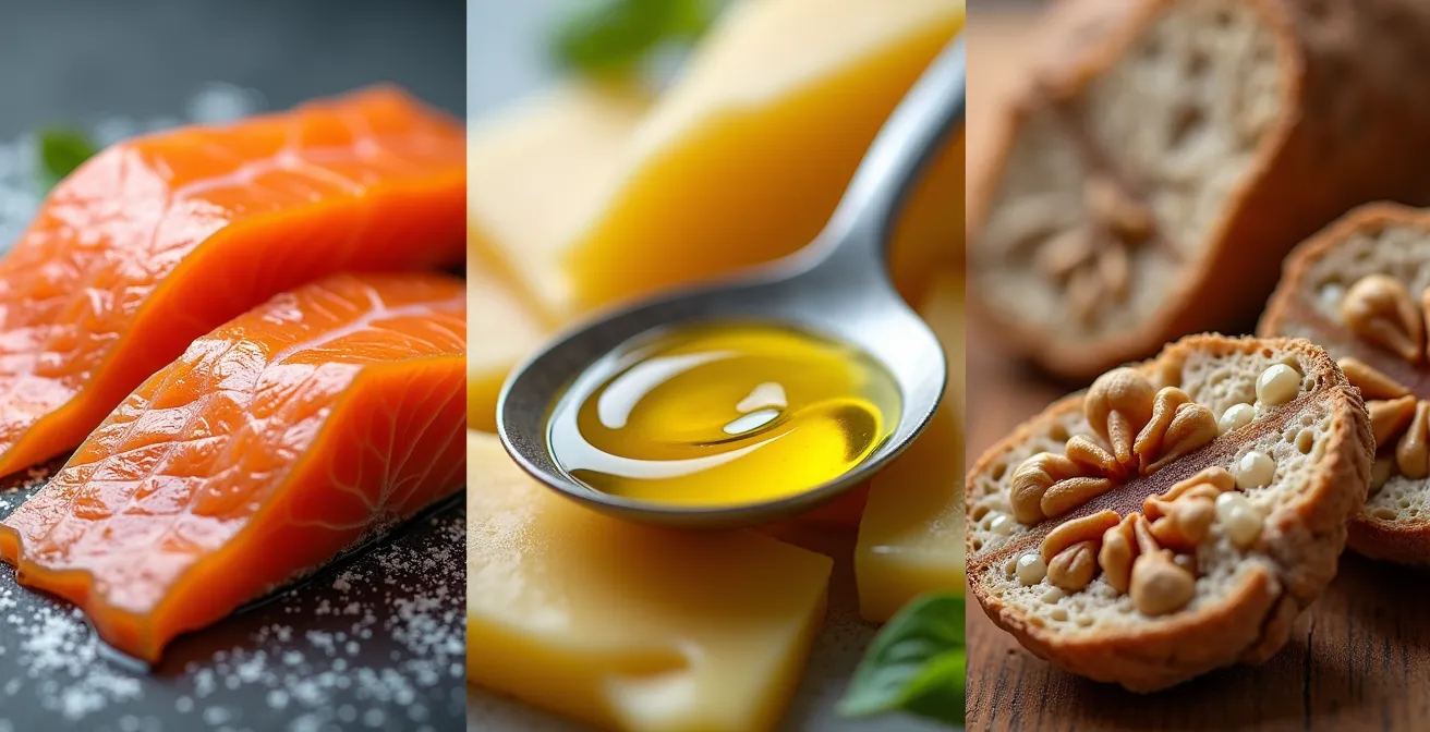 Makronährstoffe visualisiert durch verschiedene deutsche Lebensmittel wie geräucherte Forelle, Walnüsse und Vollkornbrot.