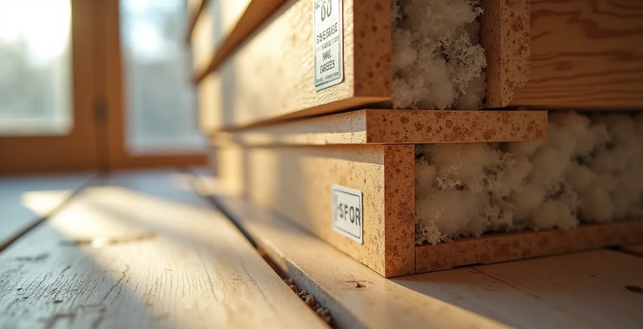 Detailaufnahme nachhaltiger Baumaterialien mit Zertifizierungen