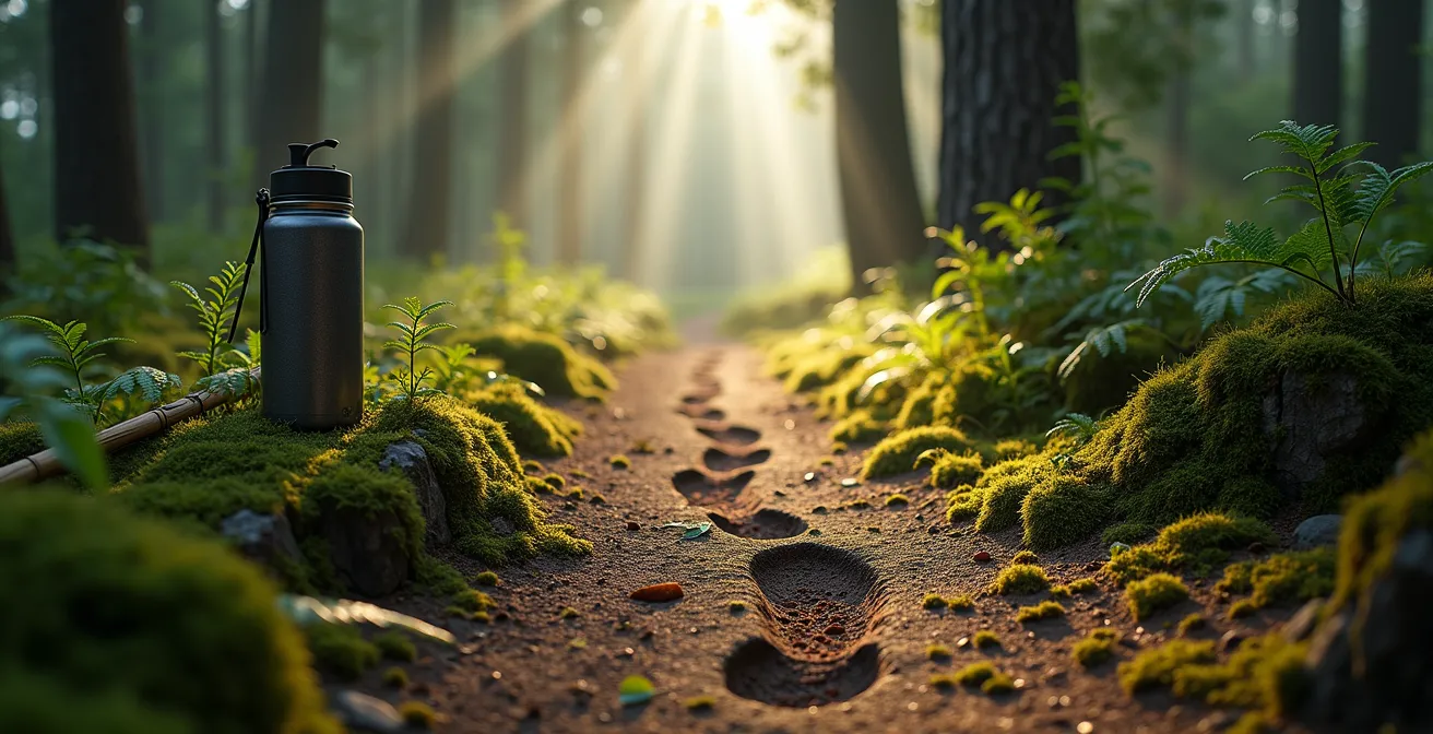 Wanderer auf einem Naturpfad mit minimaler Ausrüstung