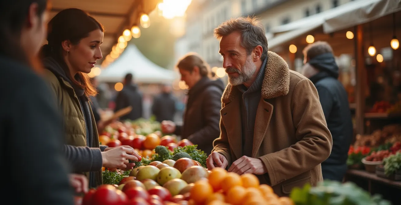 Menschen verschiedener Kulturen interagieren auf einem lokalen Markt