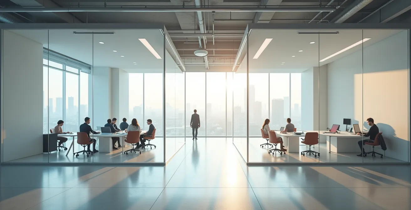 Strategische Entscheidung zwischen offener und geschlossener Innovation, dargestellt durch einen geteilten Arbeitsbereich.