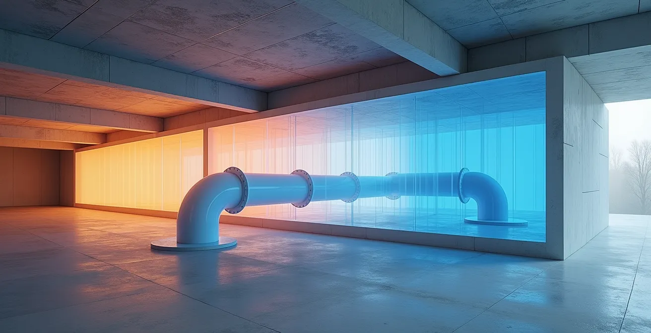 Architektonischer Querschnitt, der die in eine Betondecke integrierten Kühlrohre zur passiven Gebäudekühlung visualisiert.