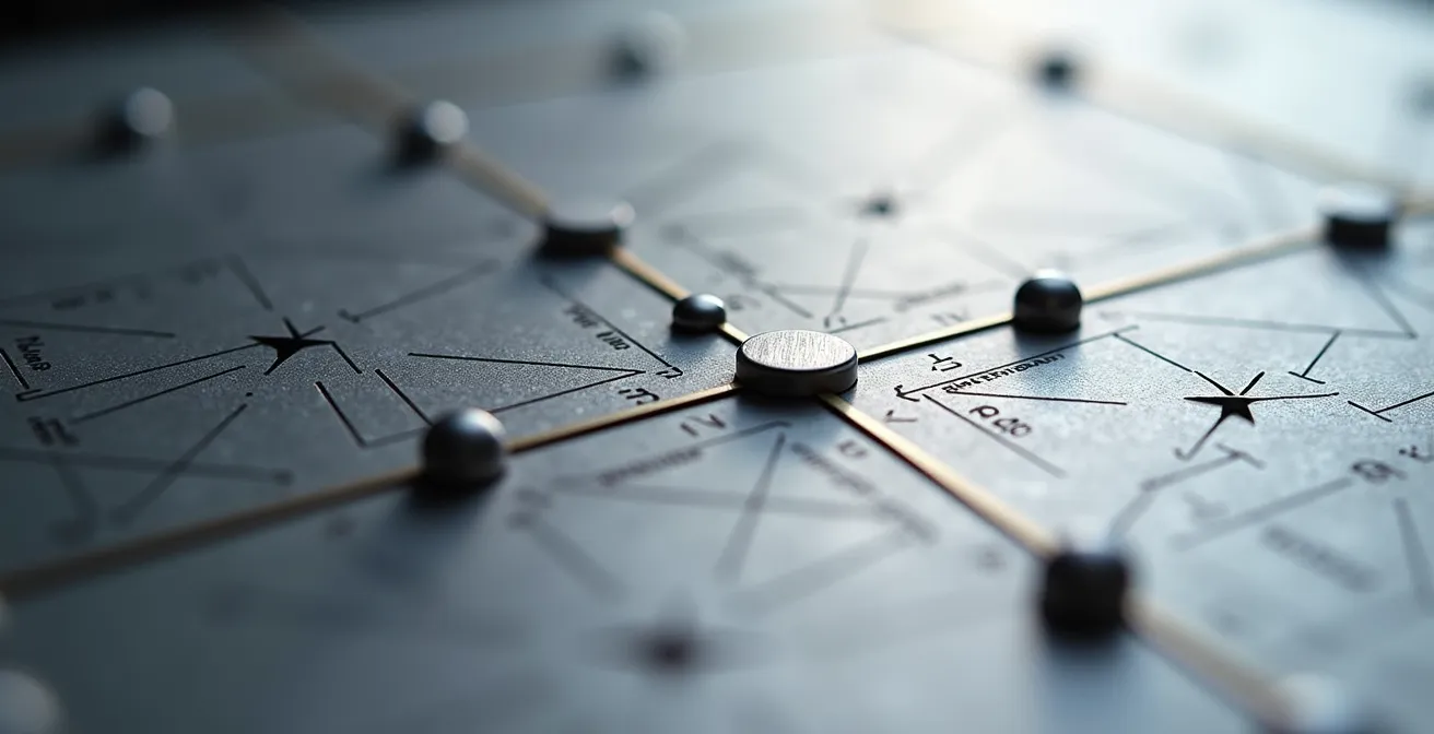 Dreidimensionale Positionierungsmatrix mit verschiedenen Markenpositionen, die als metallische Kugeln auf Achsen dargestellt sind.