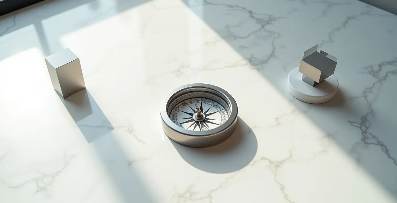 Konzeptuelle Darstellung eines Positioning Statements als dreidimensionaler Kompass auf einem modernen Schreibtisch, der strategische Markenausrichtung symbolisiert.