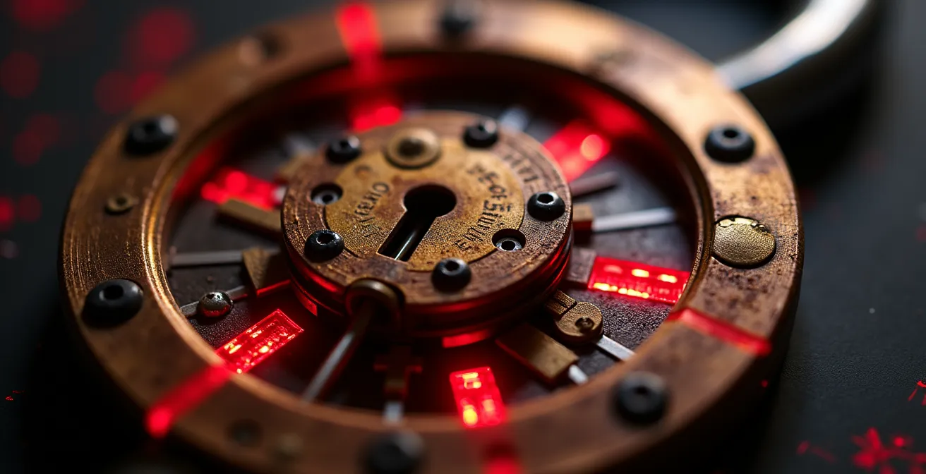 Abstrakte Darstellung einer Ransomware-Bedrohung mit verschlüsselten Datensymbolen