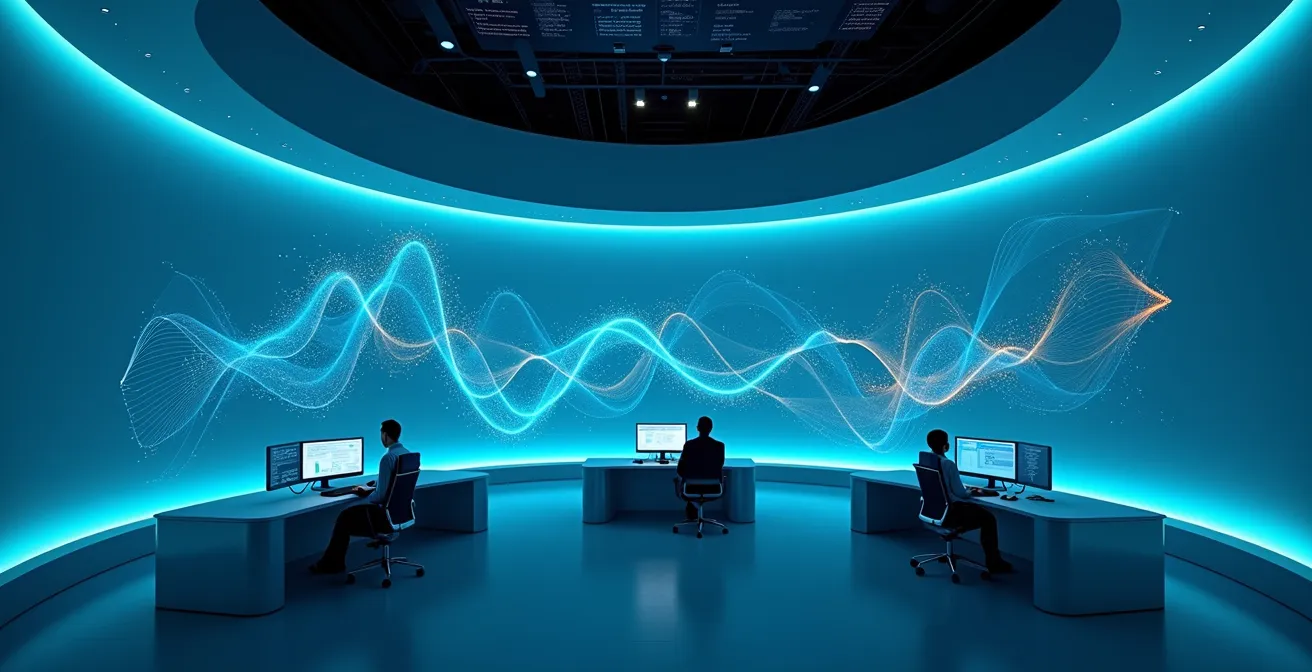 Moderne Überwachungszentrale mit abstrakten Datenvisualisierungen