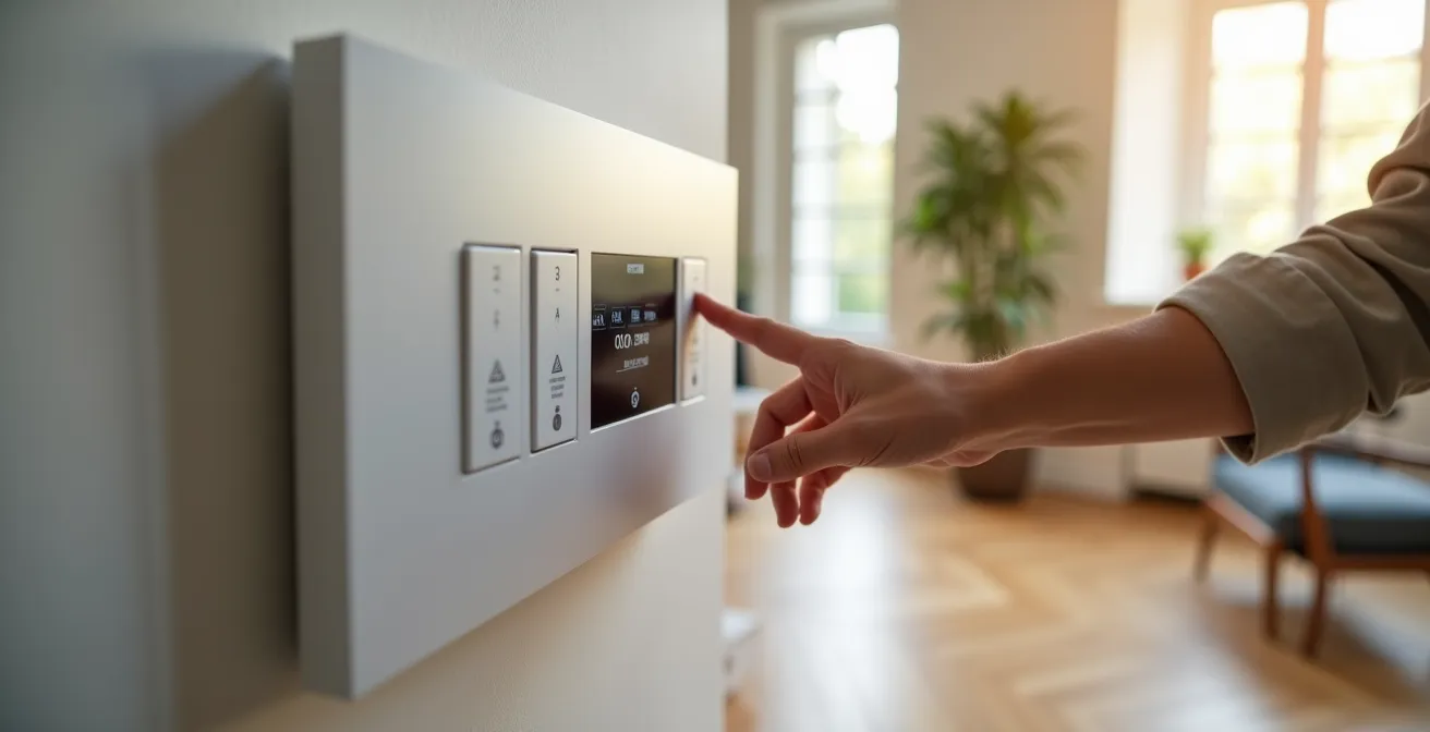 Nahaufnahme eines modernen Smart Home Kontrollpanels an der Wand mit unscharfem Wohnraum im Hintergrund