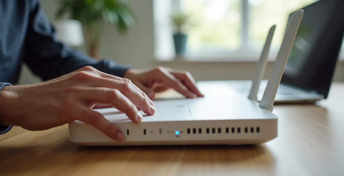 Router mit visualisiertem Sicherheitsnetzwerk in modernem Zuhause