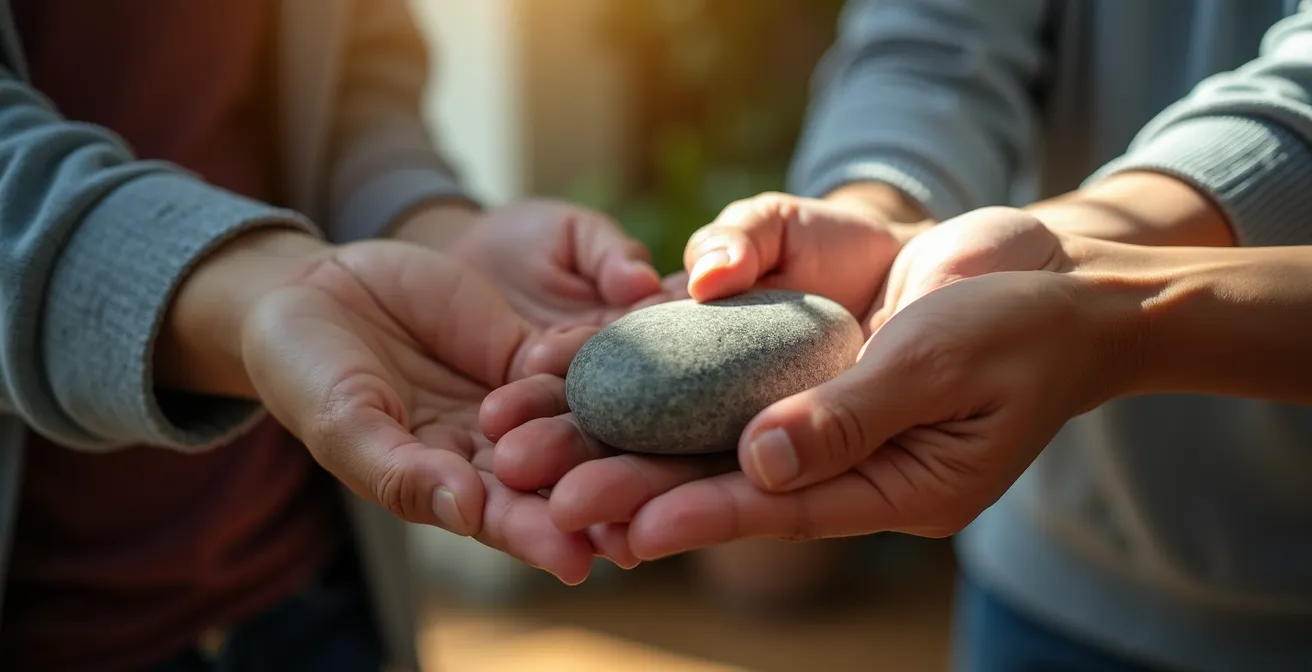Metaphorische Darstellung der Anpassung an neue soziale Normen durch Hände verschiedener Generationen, die sich einen Stein weitergeben.