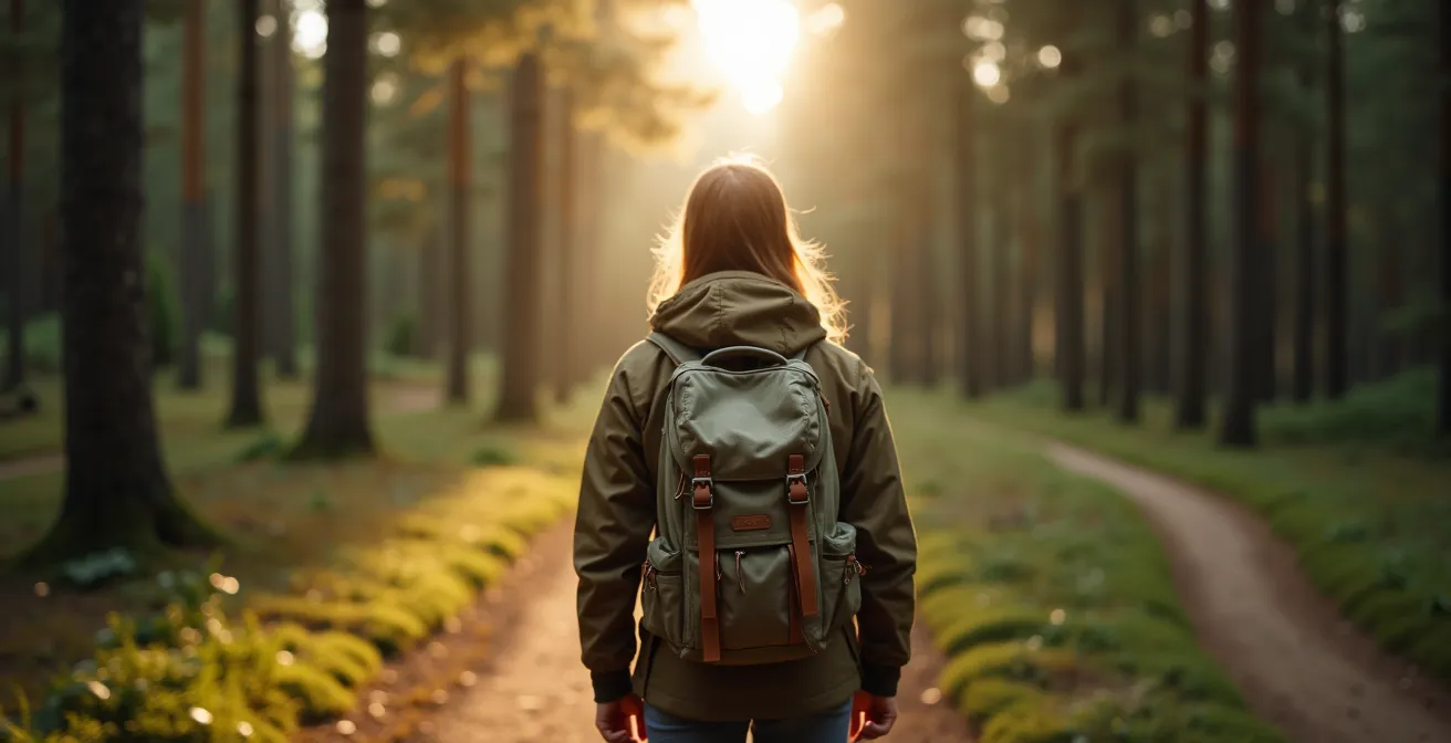 Reisende mit Rucksack an einer Wegkreuzung mit verschiedenen Pfadoptionen