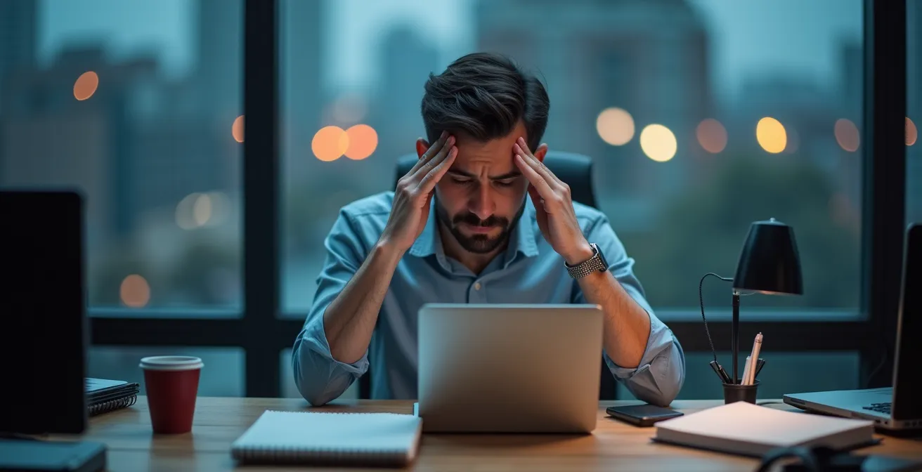 Person am Arbeitsplatz umgeben von digitalen Geräten zeigt Überforderung