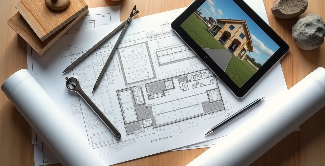 Architektonische Planungsunterlagen und Standortanalyse-Tools auf einem Arbeitstisch