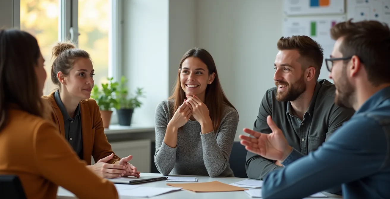 Team in einem Kreis sitzend während einer Retrospektive