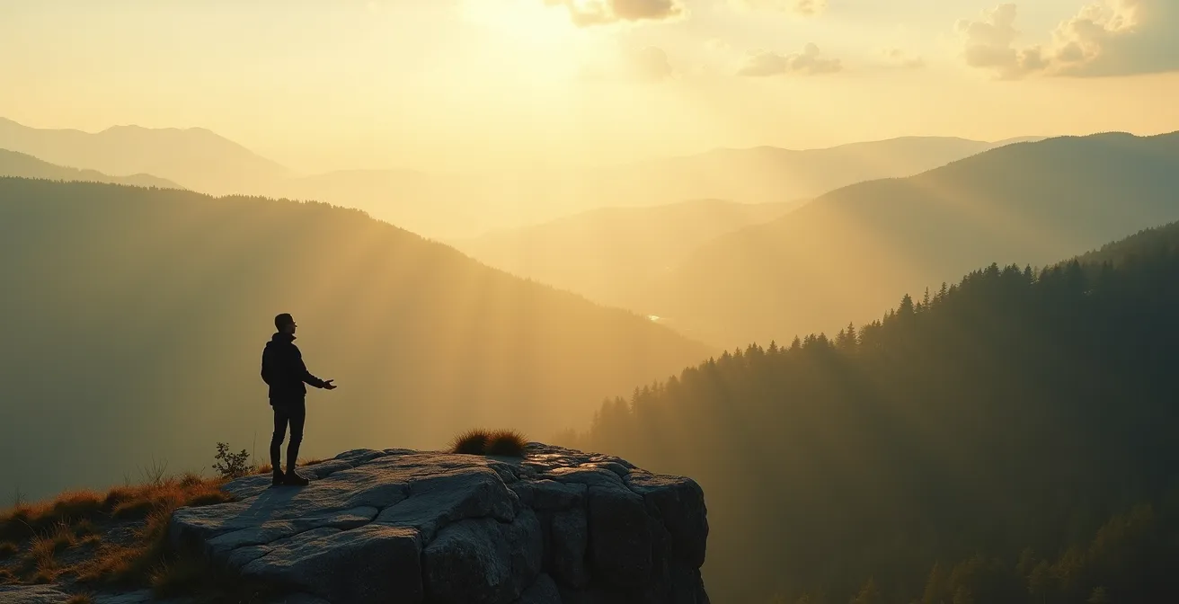 Wanderer auf Berggipfel bei Sonnenaufgang in meditativer Pose