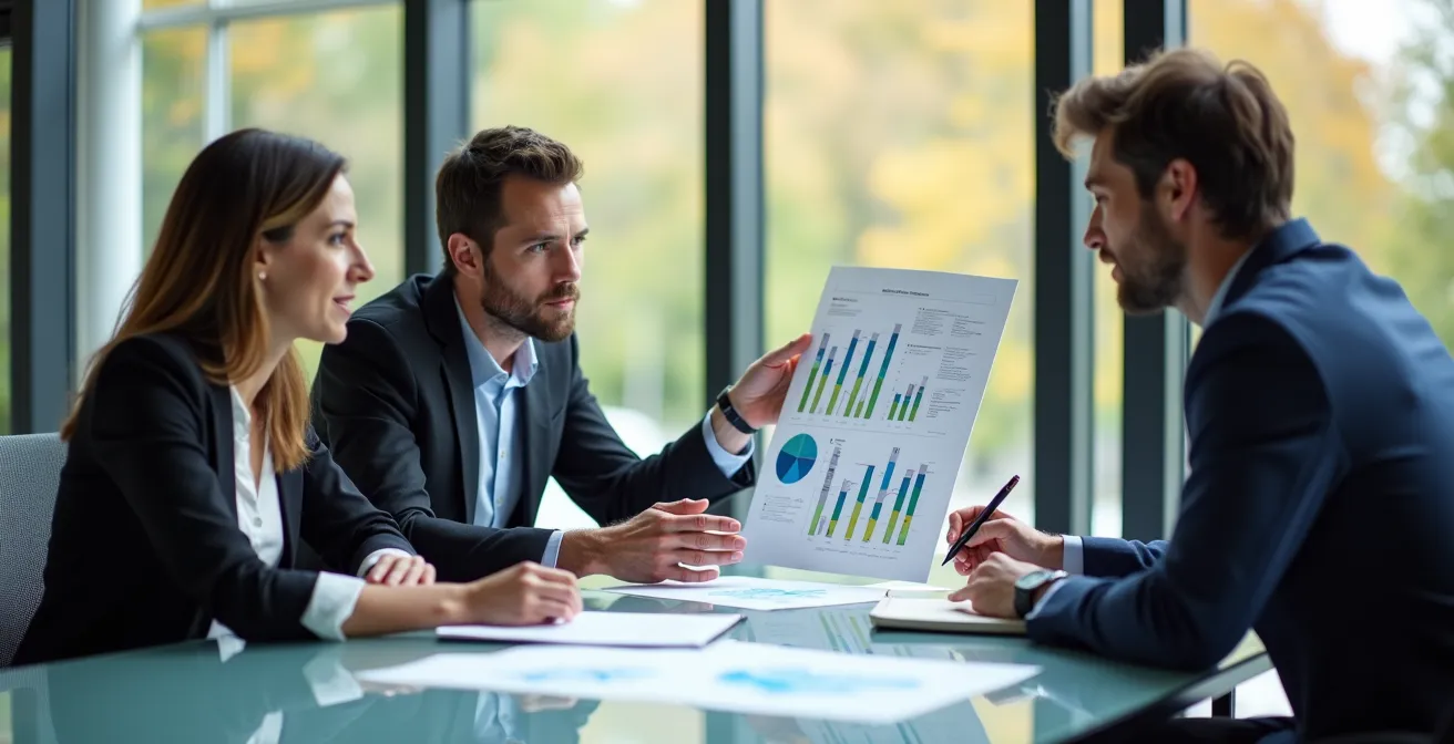 Vertriebsteam bei der Analyse von Verkaufsprognosen auf einem CRM-Dashboard in einem modernen Büro