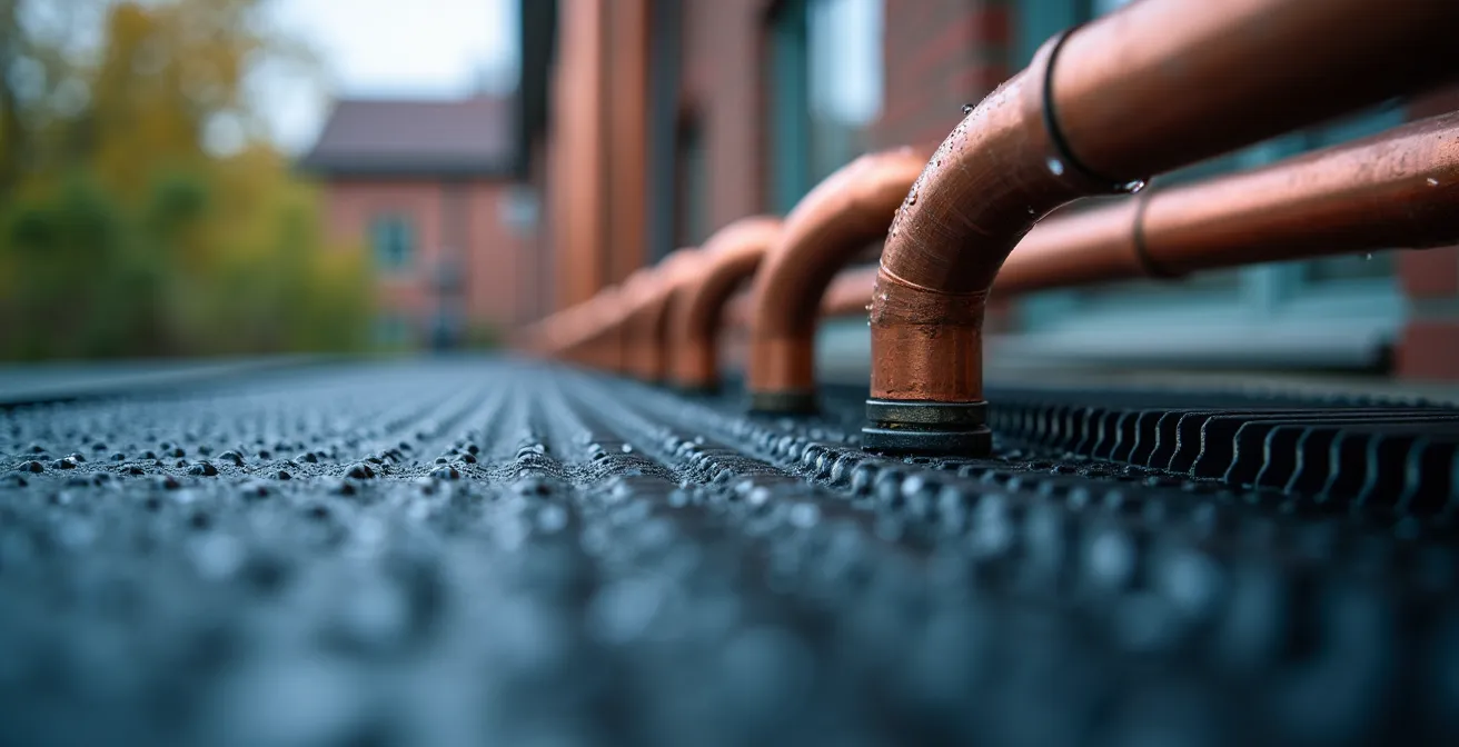 Detailaufnahme einer Wärmepumpeninstallation an einem deutschen Altbau, die die präzise Verrohrung zeigt.