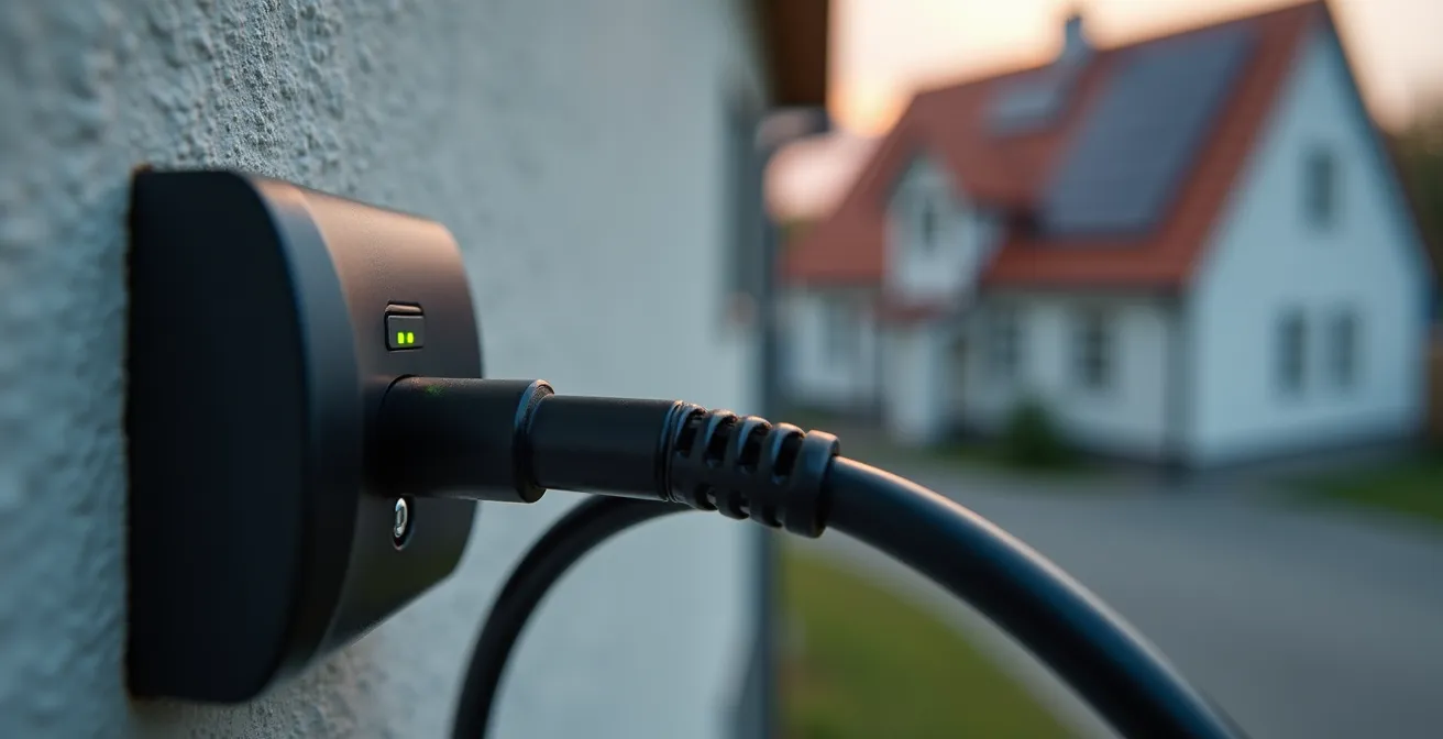 Nahaufnahme eines Ladekabels, das an eine Wallbox angeschlossen ist, die an der Wand eines modernen deutschen Einfamilienhauses mit sichtbaren Solarpaneelen im Hintergrund montiert ist.