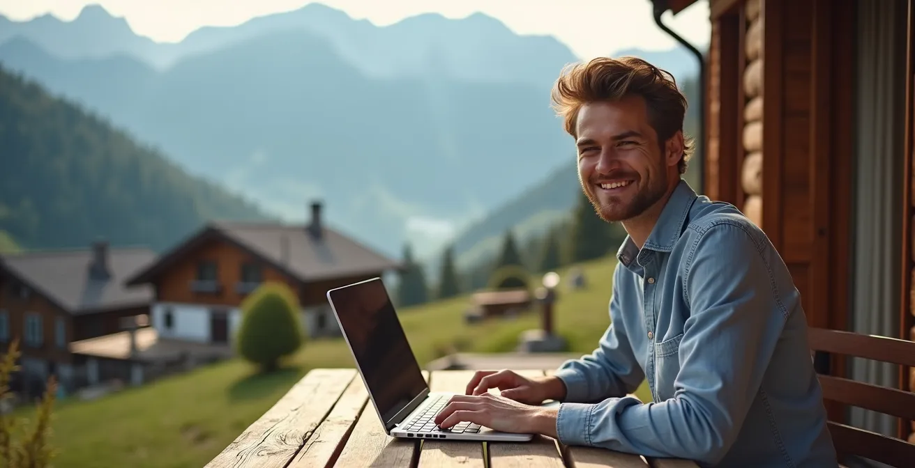 Person arbeitet mit Laptop in bayerischer Bergkulisse