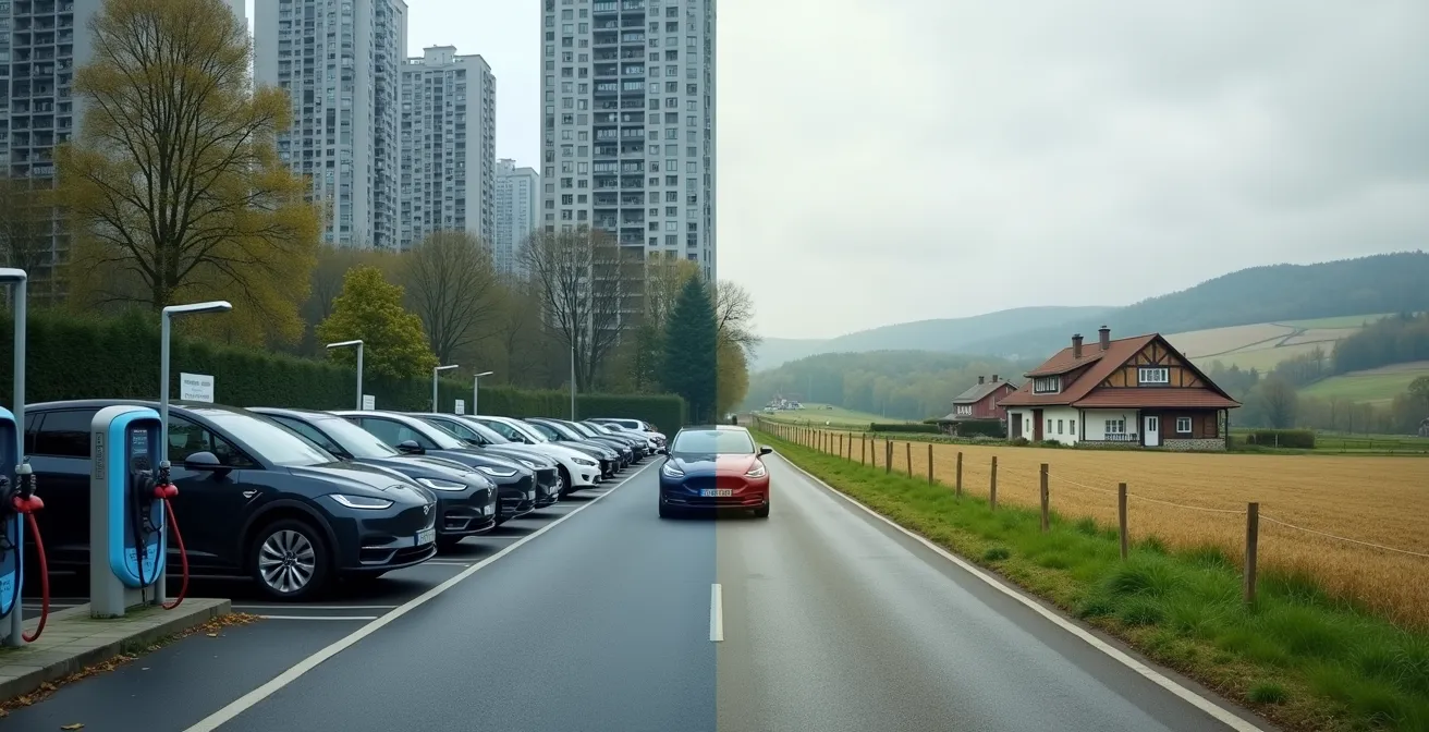 Kontrastbild zwischen städtischer E-Ladeinfrastruktur und ländlicher Mobilitätsherausforderung