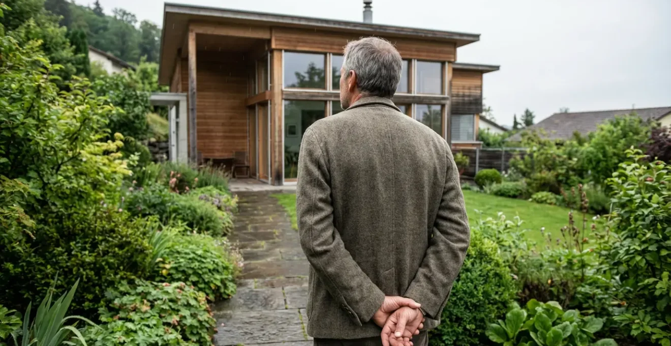 Immobilienbewertung Schweiz: Eigentümer betrachtet nachdenklich sein Einfamilienhaus im Garten