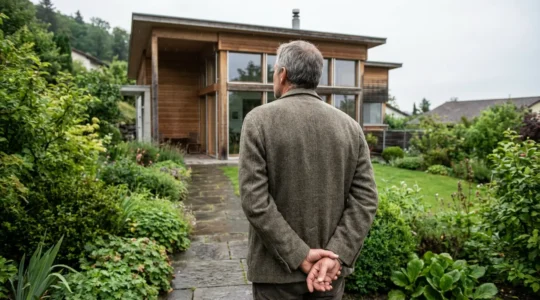 Immobilienbewertung Schweiz: Eigentümer betrachtet nachdenklich sein Einfamilienhaus im Garten