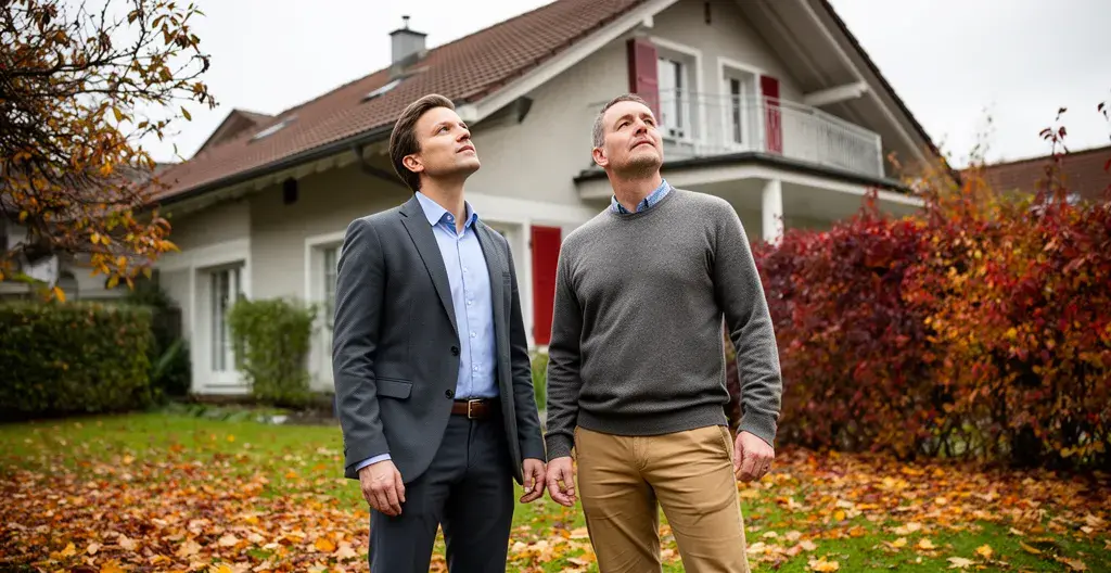Immobilienbewertung vor Ort: Experte und Eigentümer bei Hausbesichtigung in der Schweiz